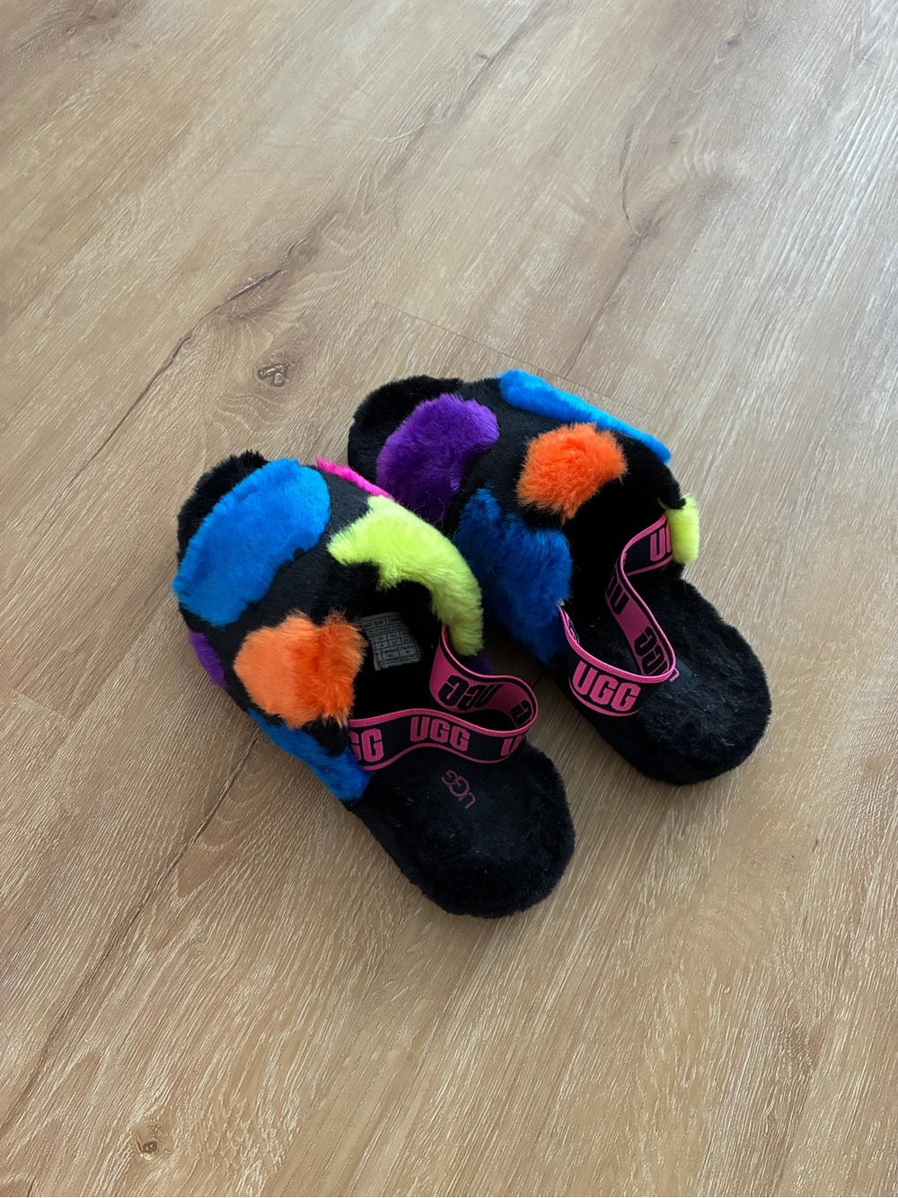UGG Black Fluffy Sliders with Neon Multi-Color Accents
